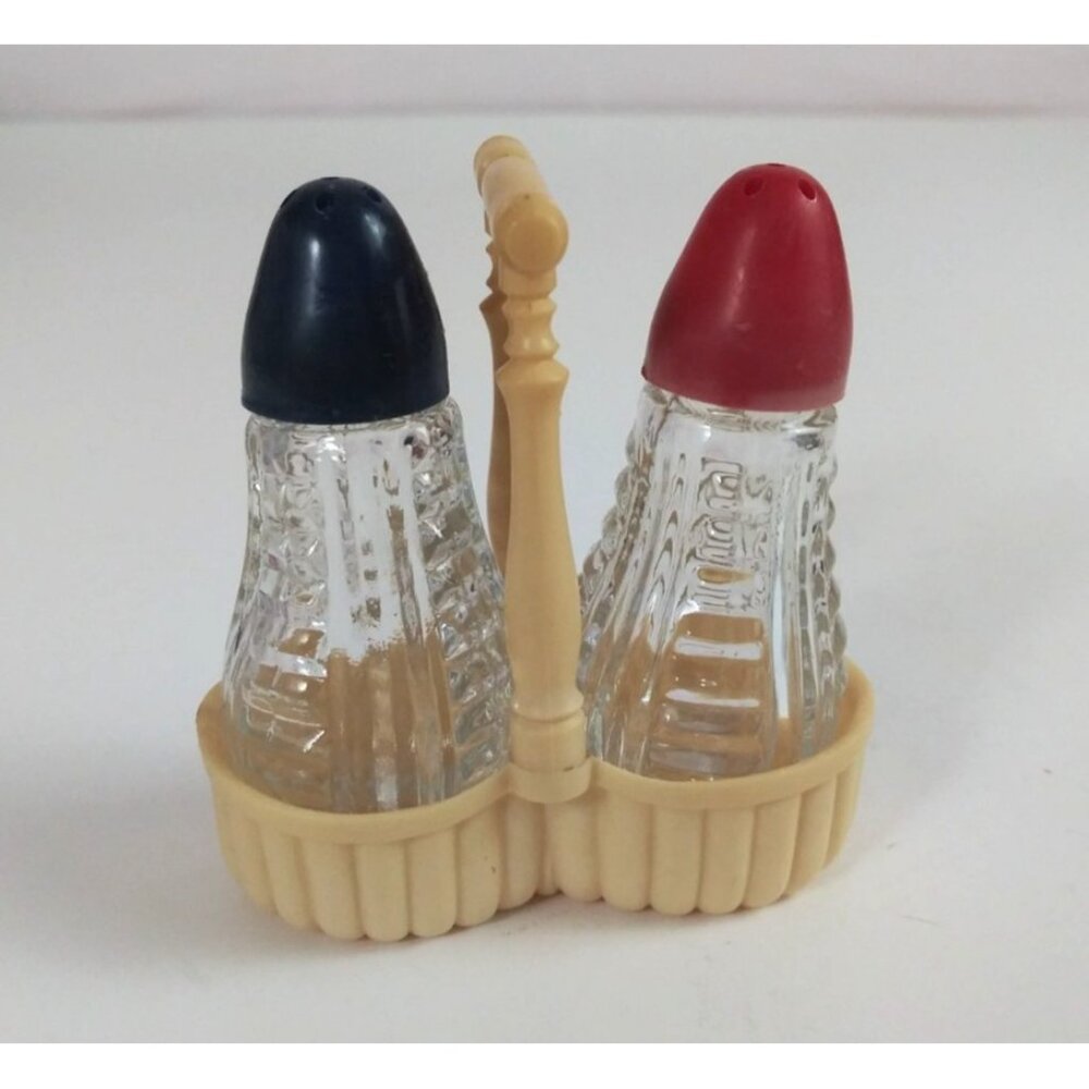 Vintage 1950s Lapin Small Red & Blue Lid Glass Salt & Pepper Shakers In Basket